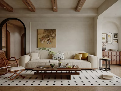 Warm Natural Living Dining Room Interior With Beige Sofa Wooden Coffee Table And Geometric Rug 3d model