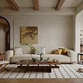 Warm Natural Living Dining Room Interior With Beige Sofa Wooden Coffee Table And Geometric Rug