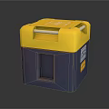 Tactical Military Weapon With Yellow Blue Cube Shaped Body White Top Handle And Side Labels