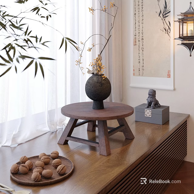 Oriental Style Black Vase With Yellow Flower Branches On Wooden Tea Table And Bamboo 3d model 