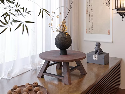 Oriental Style Black Vase With Yellow Flower Branches On Wooden Tea Table And Bamboo 3d model