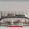 Beige Upholstered Double Bed with Gray Blue Bedding Nightstands and Teddy Bear