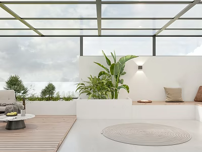 Modern Villa Balcony Design With Glass Roof Green Plants White Walls And Wooden Flooring 3d model