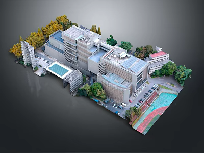 Modern Campus Scenery with Green Trees Swimming Pool and Basketball Court 3d model