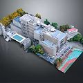 Modern Campus Scenery with Green Trees Swimming Pool and Basketball Court