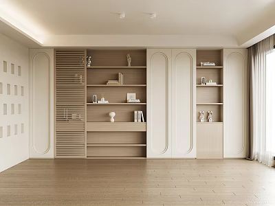Modern Minimalist Built In Bookcase With Open Shelves And Decorative Items In Bright Living Room 3d model