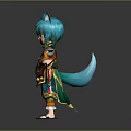 3D Character With Blue Cat Ears Teal Hair Orange Green Outfit Pouch And Outstretched Arms