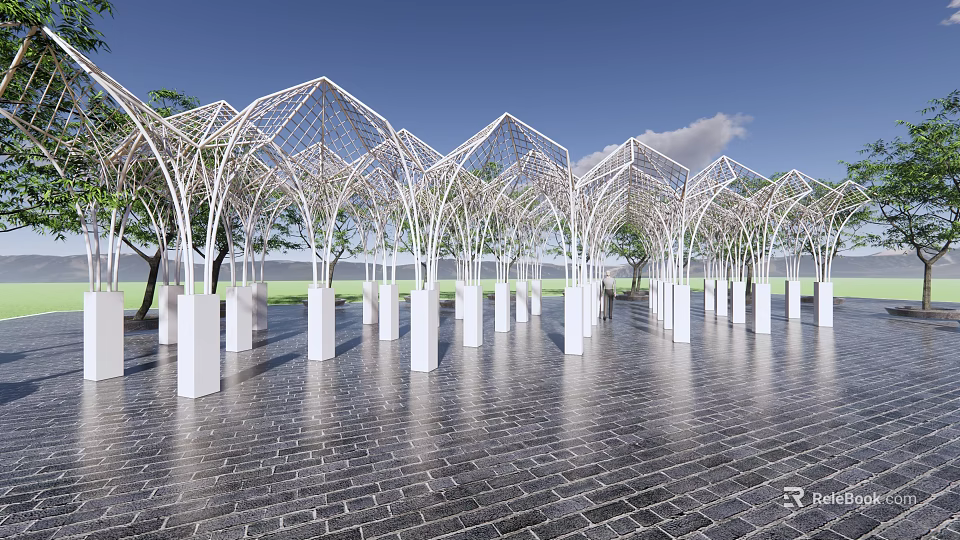Modern White Pergola Structure With Multiple Columns And Brick Paved Ground 3d model