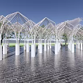 Modern White Pergola Structure With Multiple Columns And Brick Paved Ground 3d model
