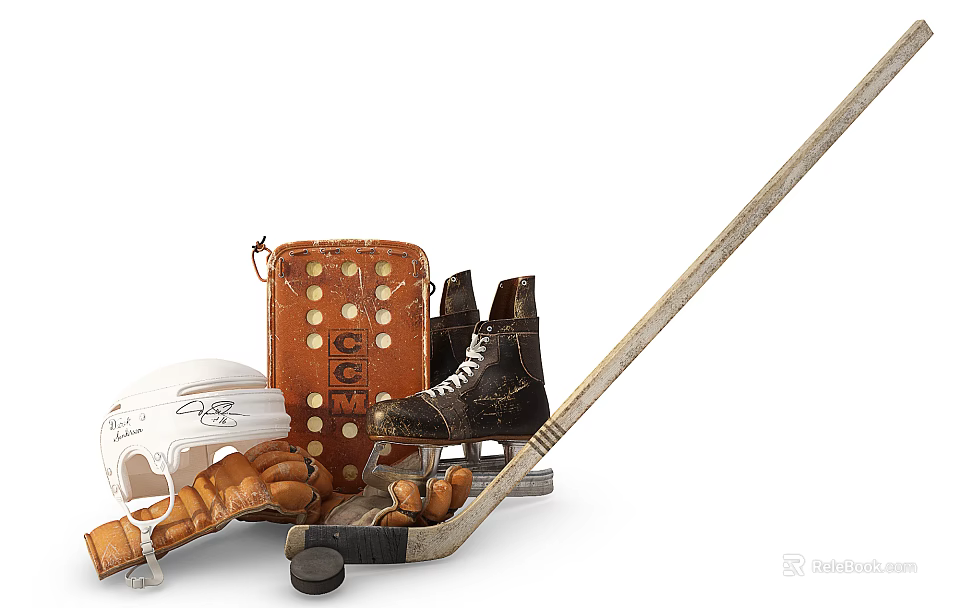 Hockey Sports Equipment Collection With White Helmet Ice Skates Stick Puck And Orange Bag 3d model 