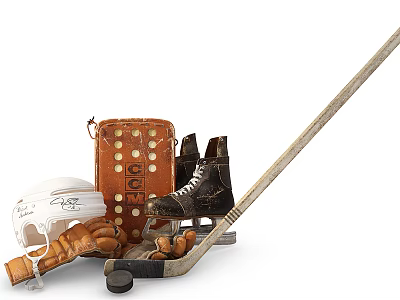 Hockey Sports Equipment Collection With White Helmet Ice Skates Stick Puck And Orange Bag 3d model