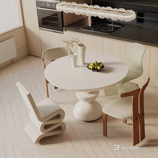 Modern Round White Dining Table Set with Light Green Wooden Chairs Vase and Fruit Bowl 3d model 