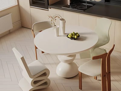 Modern Round White Dining Table Set with Light Green Wooden Chairs Vase and Fruit Bowl 3d model