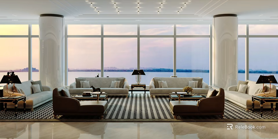 Bright Living Room Interior With Large Windows Water View Comfortable Sofas And Coffee Tables 3d model 