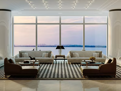Bright Living Room Interior With Large Windows Water View Comfortable Sofas And Coffee Tables 3d model