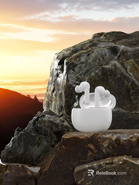 White Wireless Earbuds In Charging Case With Sunset Mountain Rock Background 3d model