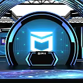 Baidu Futuristic Tech Exhibition Booth With Arched Structure Blue Lighting Background Screen And Person
