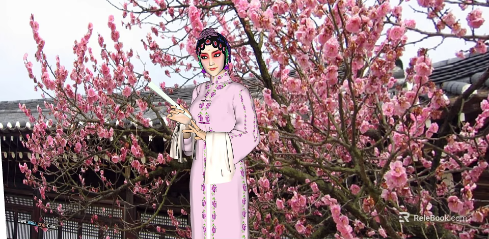 Game Movie Character In Pink Traditional Costume Standing By Cherry Blossom Tree Holding Book 3d model 