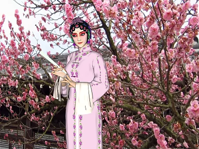 Game Movie Character In Pink Traditional Costume Standing By Cherry Blossom Tree Holding Book 3d model