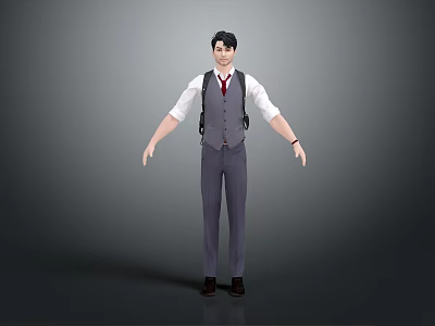 A Man in Gray Vest White Shirt and Tie Standing with Arms Outstretched 3d model