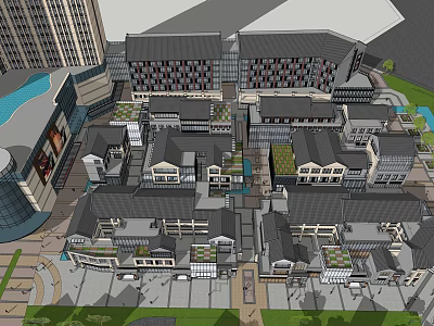 Traditional Modern Commercial Street With Multi storey Buildings Green Spaces And Pedestrian Plaza 3d model