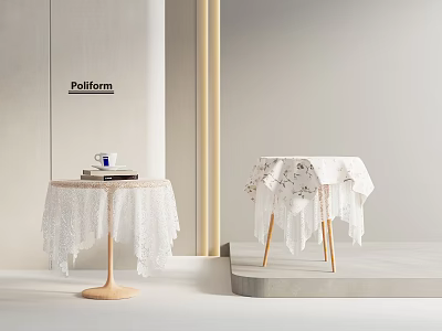 Elegant Pollform Small Tables With White Lace Tablecloths In Minimalist Setting 3d model