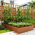 Wooden Fence Enclosed Garden Landscape With Raised Planter Boxes Vegetables Stone Path And Lawn