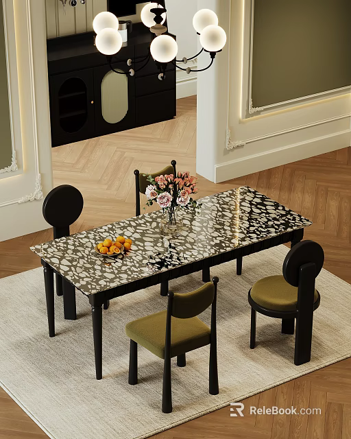 Elegant Dining Table Set With Marble Pattern Top Dark Green Chairs Pink Flowers And Fruits 3d model 