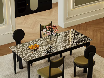 Elegant Dining Table Set With Marble Pattern Top Dark Green Chairs Pink Flowers And Fruits 3d model
