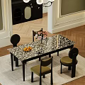 Elegant Dining Table Set With Marble Pattern Top Dark Green Chairs Pink Flowers And Fruits