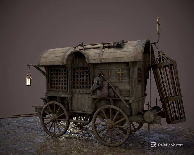 Vintage Wooden Wagon With Hanging Lantern Metal Accents And Side Cage Attachment 3d model 
