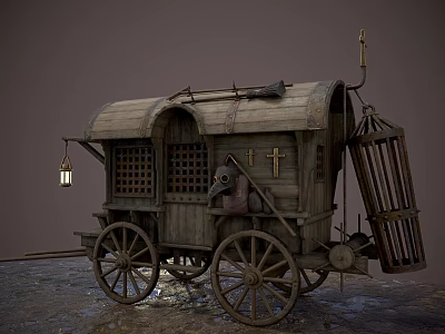 Vintage Wooden Wagon With Hanging Lantern Metal Accents And Side Cage Attachment 3d model
