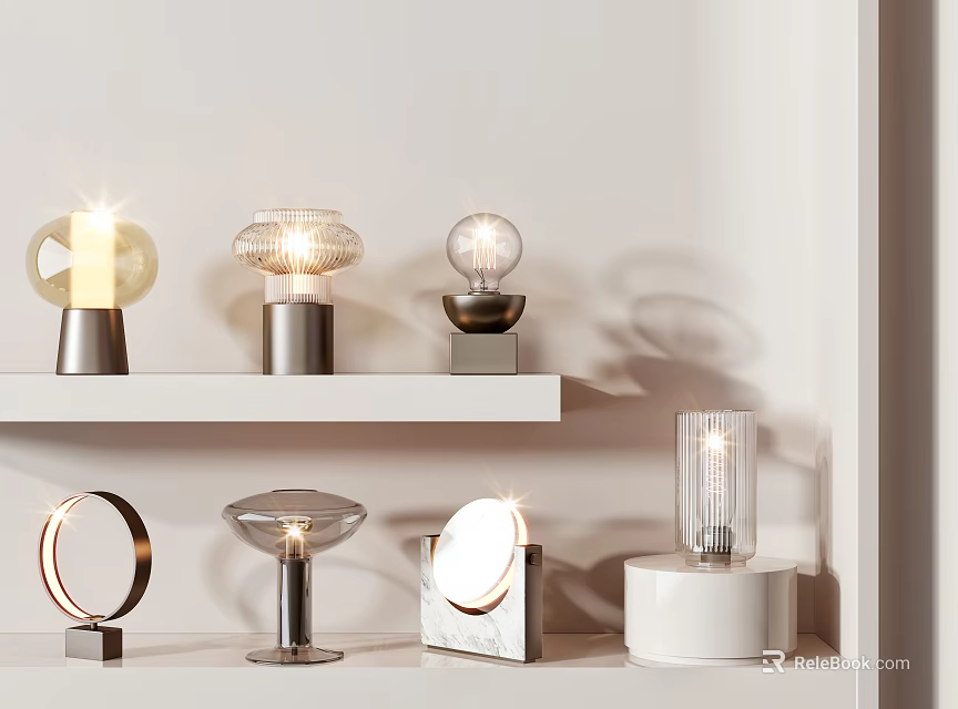 Various Modern Table Lamps with Diverse Designs and Metal Marble Bases on White Shelves 3d model 