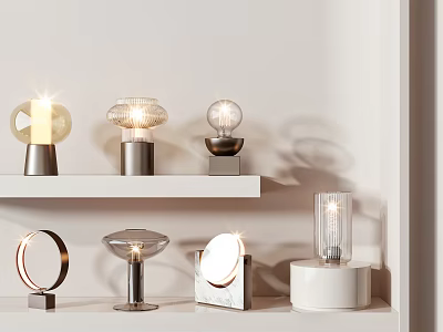 Various Modern Table Lamps with Diverse Designs and Metal Marble Bases on White Shelves 3d model