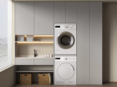 Efficient Modern Laundry Room With Stacked Washer Dryer Gray Cabinets And Wicker Baskets 3d model