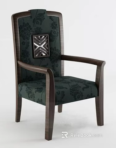 Elegant Accent Chair With Green Floral Fabric Wooden Armrests And Decorative Back Panel 3d model 