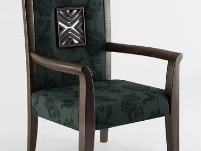Elegant Accent Chair With Green Floral Fabric Wooden Armrests And Decorative Back Panel 3d model