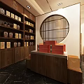 Elegant Liquor and Tobacco Store Interior With Wooden Shelves Central Display And Pink Floral Decoration