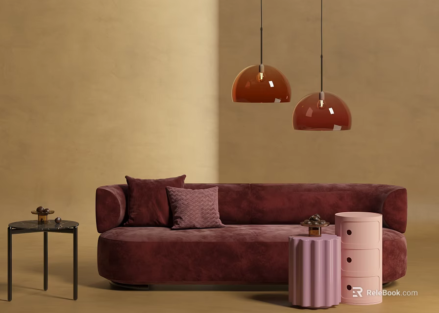 Burgundy Velvet Two-Seater Sofa With Plush Pillows Maroon Pendant Lights And Pink Cylindrical Side Tables 3d model 