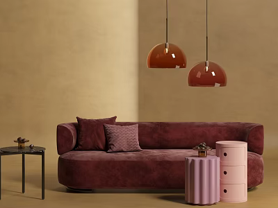 Burgundy Velvet Two-Seater Sofa With Plush Pillows Maroon Pendant Lights And Pink Cylindrical Side Tables 3d model