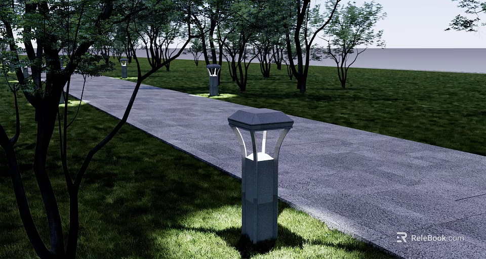 Elegant Outdoor Lights Illuminate Garden Path Surrounded by Trees and Grass 3d model 