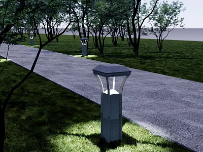 Elegant Outdoor Lights Illuminate Garden Path Surrounded by Trees and Grass 3d model