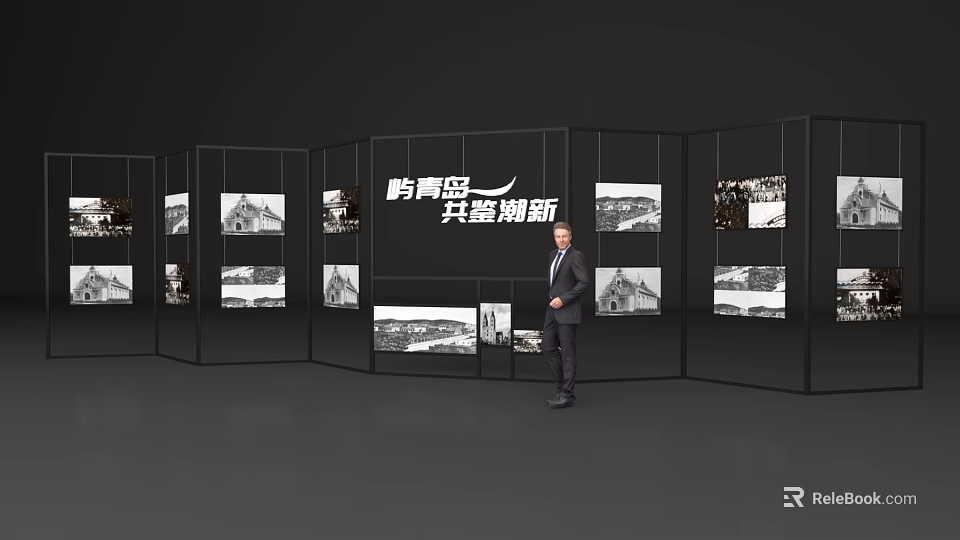 Event Display Wall With Photos And Man Standing For Collaborative Innovation 3d model 