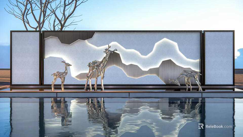 Modern Scenic Wall Featuring Mountain Pattern Backlighting And Golden Metal Deer Sculptures With Pool Reflection 3d model 