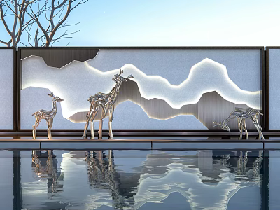 Modern Scenic Wall Featuring Mountain Pattern Backlighting And Golden Metal Deer Sculptures With Pool Reflection 3d model