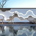 Modern Scenic Wall Featuring Mountain Pattern Backlighting And Golden Metal Deer Sculptures With Pool Reflection