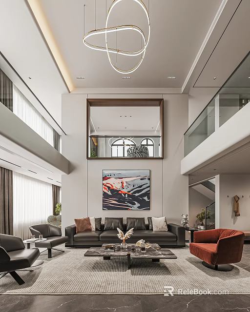 Modern Living and Dining Area With Double Height Space Large Art Painting Sofa And Chandelier 3d model 