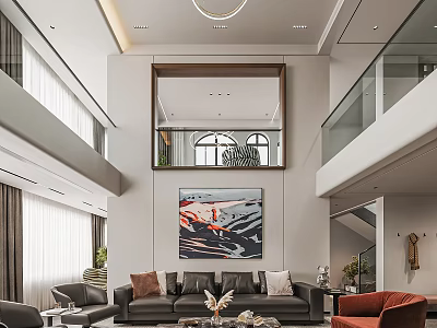 Modern Living and Dining Area With Double Height Space Large Art Painting Sofa And Chandelier 3d model