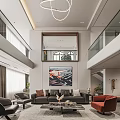 Modern Living and Dining Area With Double Height Space Large Art Painting Sofa And Chandelier