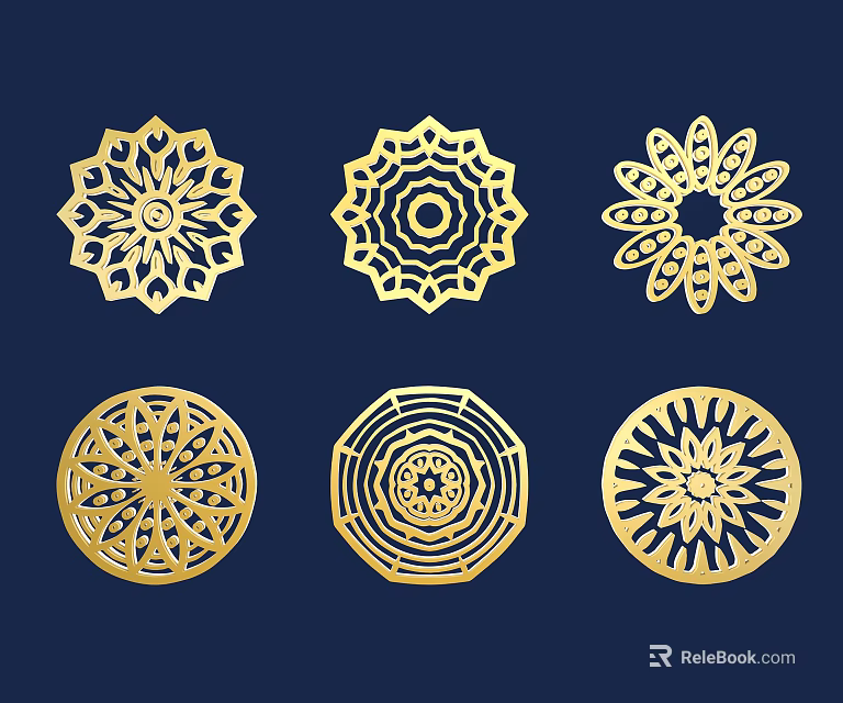Golden Circular Decorative Patterns With Intricate Floral And Geometric Details 3d model 